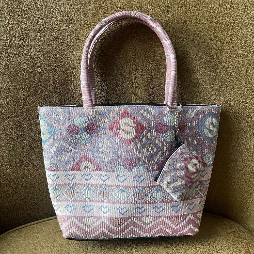 Boho Geometric Tapestry Jacquard Tote Bag Pink Woven Purse with Coin Pouch - Picture 2 of 8